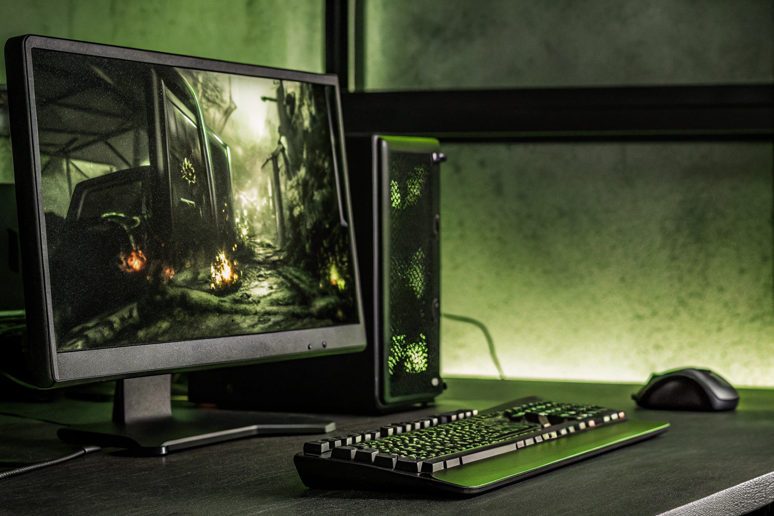 Ein Gamer, der ein intensives Spiel auf einem leistungsstarken PC spielt. Gamer mit leistungsstarker Grafikkarte