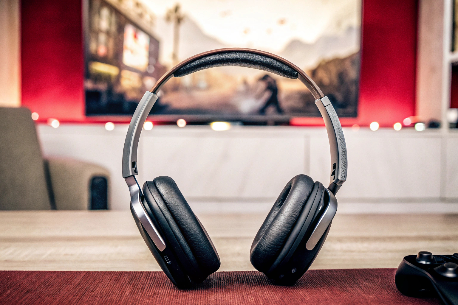 Ein Gamer, der ein komfortables kabelloses Gaming-Headset während einer intensiven Spielsession trägt. Kabelloses Gaming-Headset im Einsatz