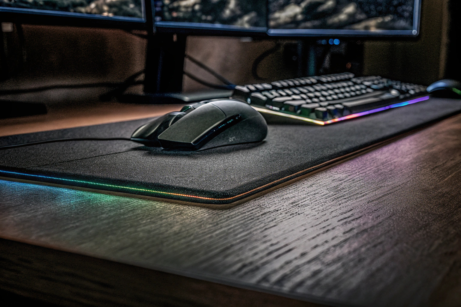 Ein Gamer, der ein Mauspad mit RGB-Beleuchtung verwendet Gamer mit RGB-Mauspad