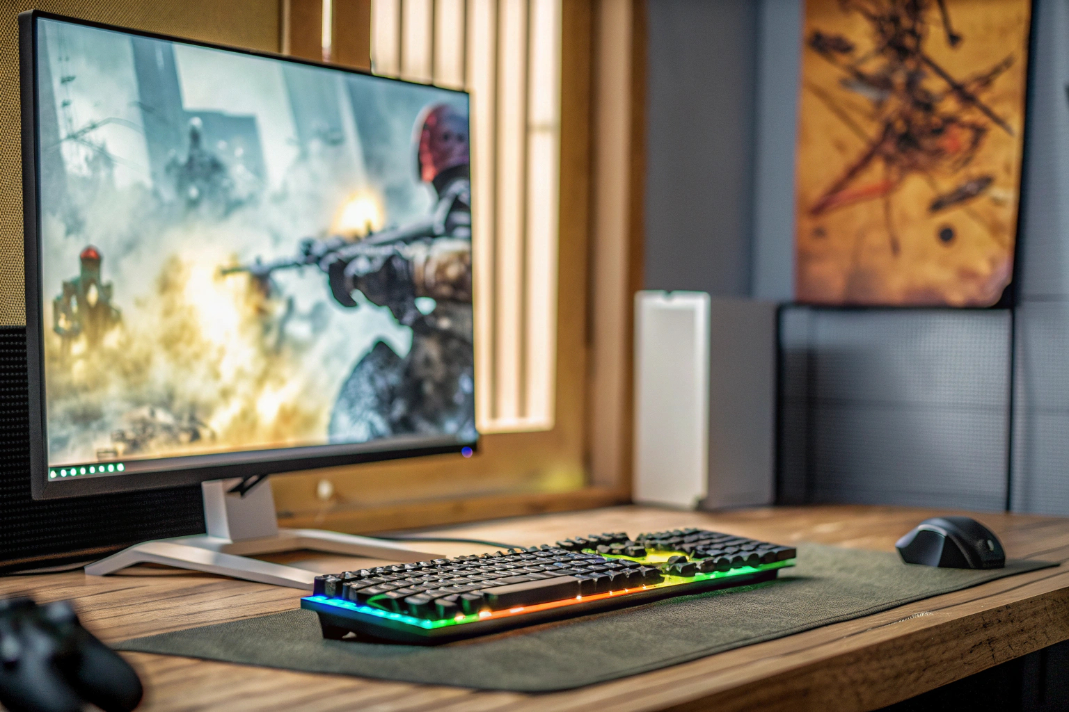 Ein Gamer, der ein Spiel auf einem Computer spielt, während ein KI-Tool im Hintergrund läuft. Gamer mit KI-Tool