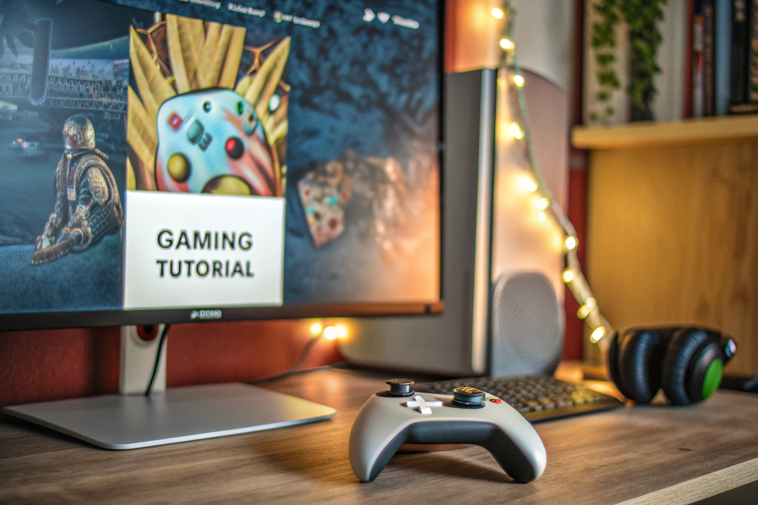 Ein Gamer, der ein Tutorial auf einem Bildschirm verfolgt, mit einem Controller in der Hand. Gamer mit Tutorial