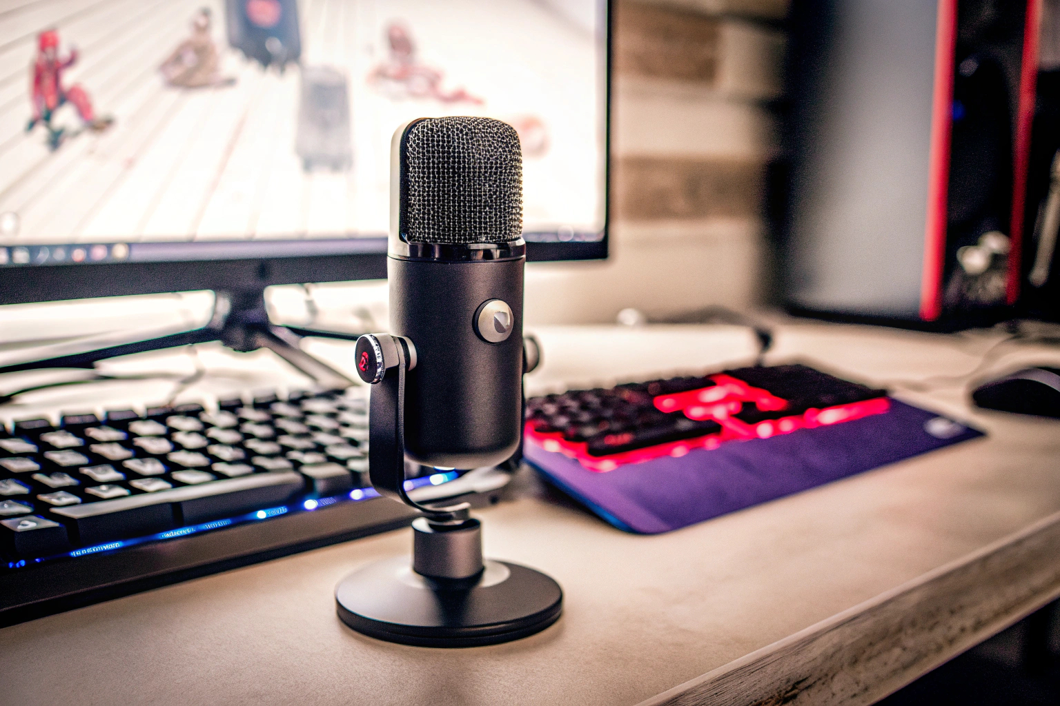 Ein Gamer, der ein USB-Mikrofon für einen Stream verwendet. Gamer mit USB Mikrofon