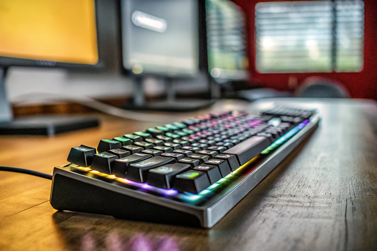 Ein Gamer, der eine beleuchtete RGB-Tastatur in einem abgedunkelten Raum benutzt. Gamer mit RGB-Tastatur