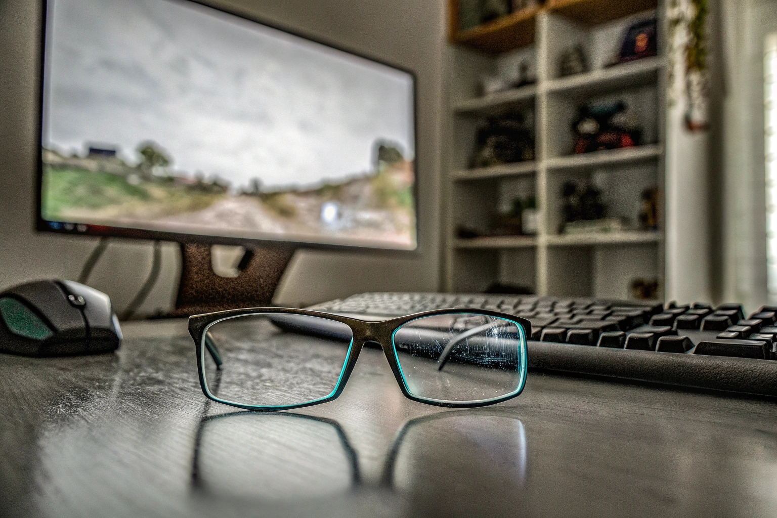 Ein Gamer, der eine Blaulichtfilter-Brille trägt und in ein stilvolles Gaming-Setup vertieft ist. Gamer mit Blaulichtfilter-Brille