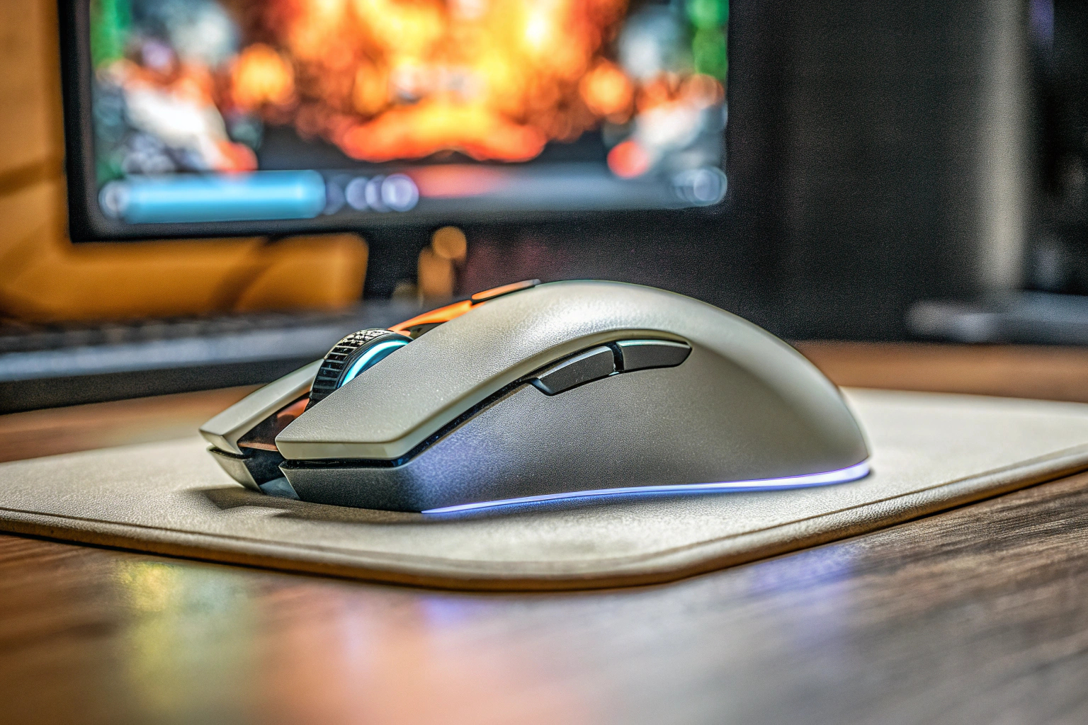 Ein Gamer, der eine ergonomische Gaming-Maus benutzt, um Komfort und Präzision zu demonstrieren. Ergonomische Gaming-Maus im Einsatz