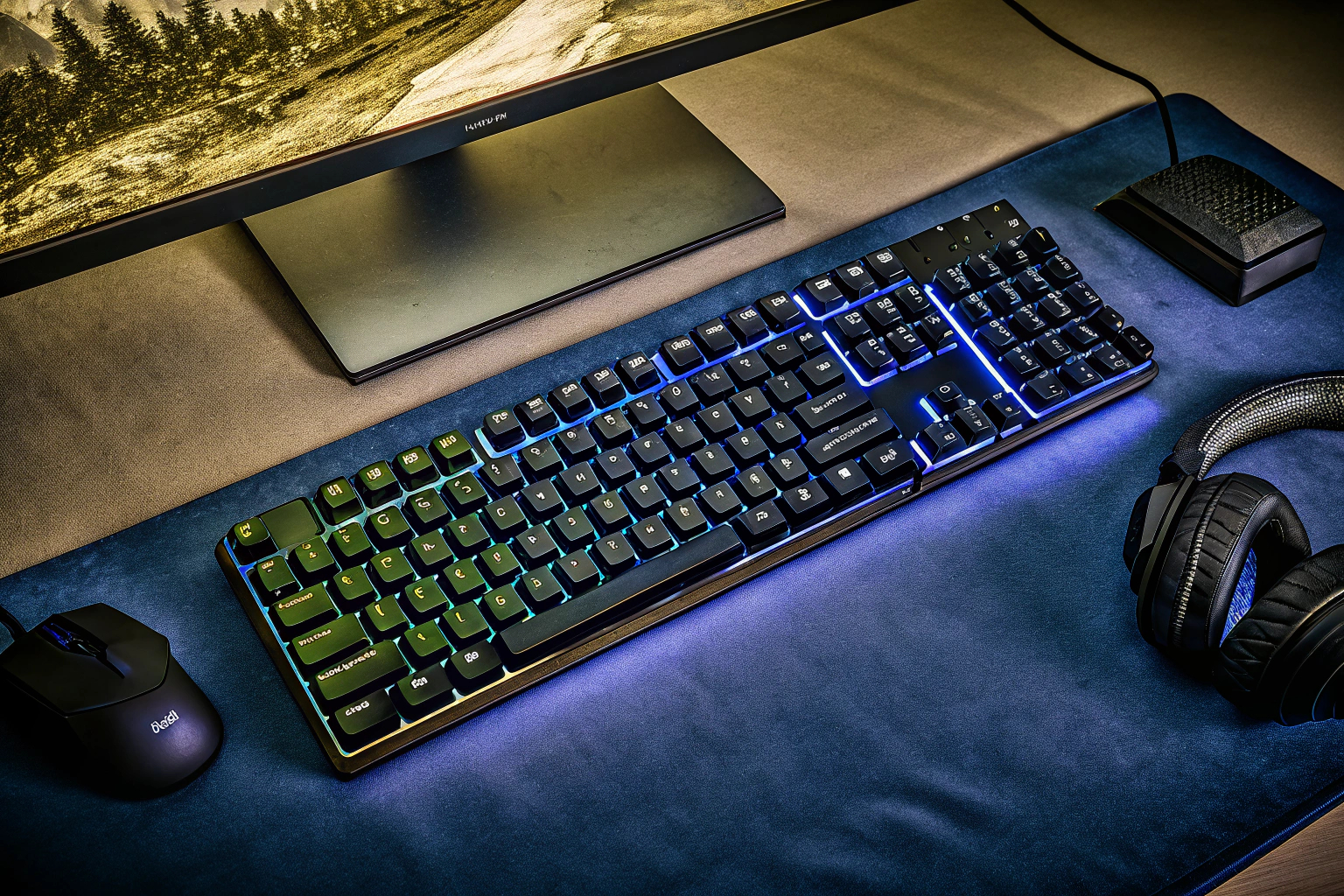 Ein Gamer, der eine RGB-beleuchtete Gaming-Tastatur benutzt, umgeben von weiterem Gaming-Zubehör. Gamer mit RGB-beleuchteter Tastatur