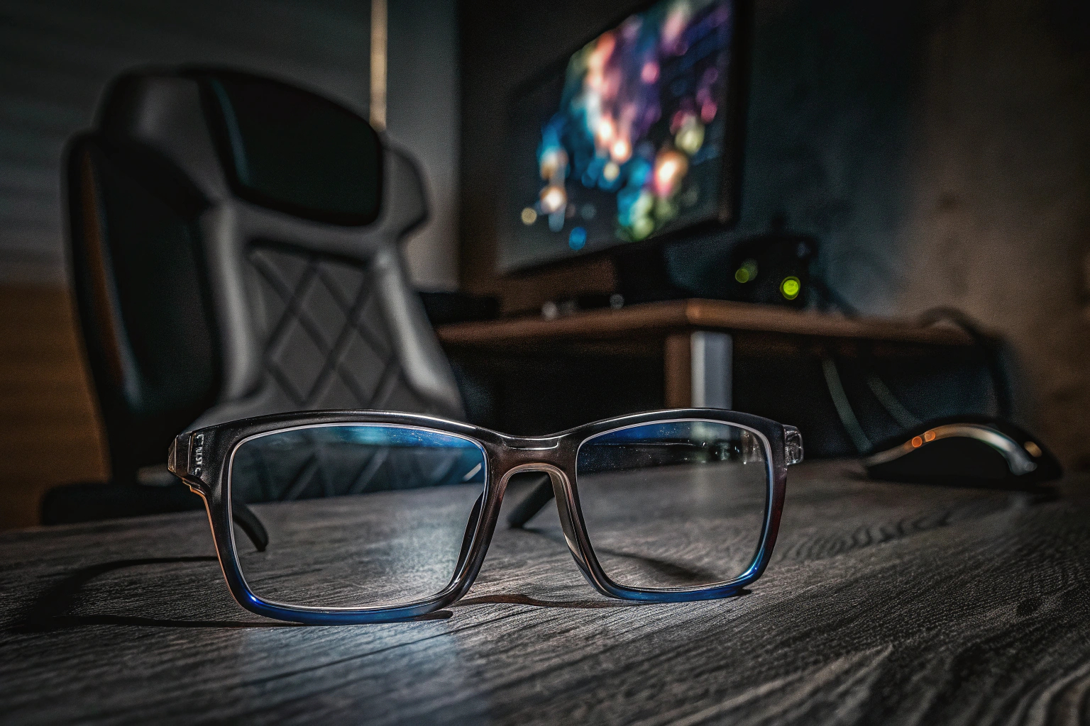 Ein Gamer, der eine Schutzbrille trägt und auf einen Monitor schaut Gamer mit Schutzbrille