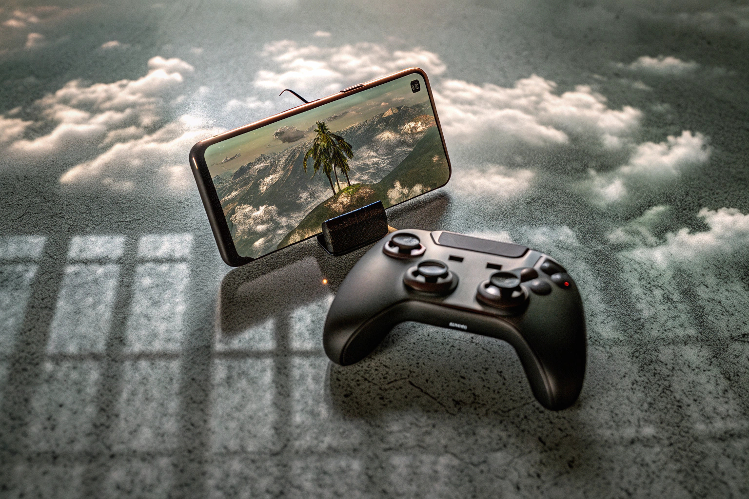 Ein Gamer, der einen Bluetooth-Controller verwendet, um ein Spiel auf einem mobilen Gerät zu spielen. Bluetooth-Controller für mobiles Gaming