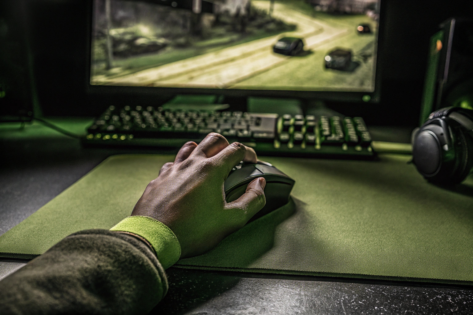 Ein Gamer, der einen Gaming Arm Sleeve trägt und intensiv spielt. Gamer mit Gaming Arm Sleeve