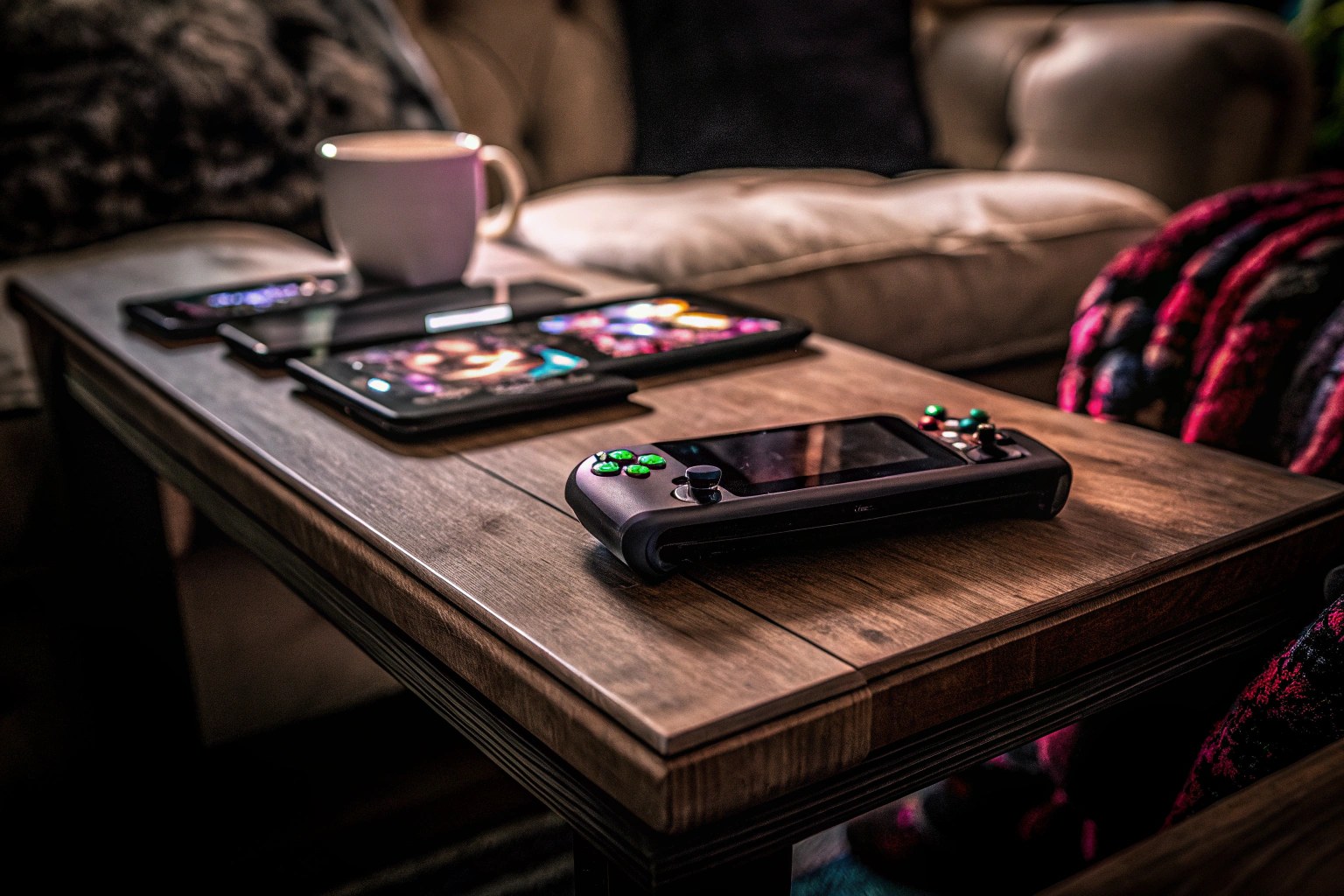 Ein Gamer, der einen mobilen Gaming-Controller verwendet, um ein intensives Spiel zu spielen. Gamer mit mobilem Controller