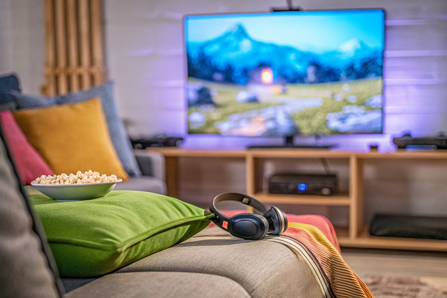 Ein Gamer, der entspannt mit einem Headset auf der Couch sitzt. Entspannter Gamer mit Headset