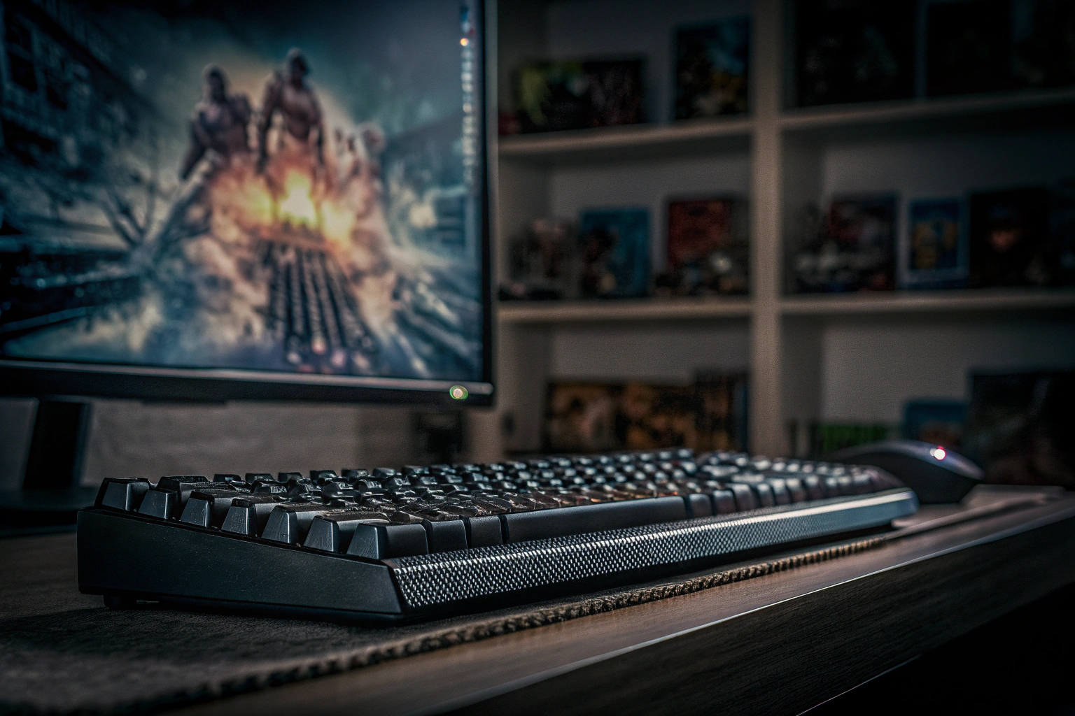 Ein Gamer, der in ein spannendes Action-Adventure-Spiel vertieft ist. Gamer spielt Action-Adventure