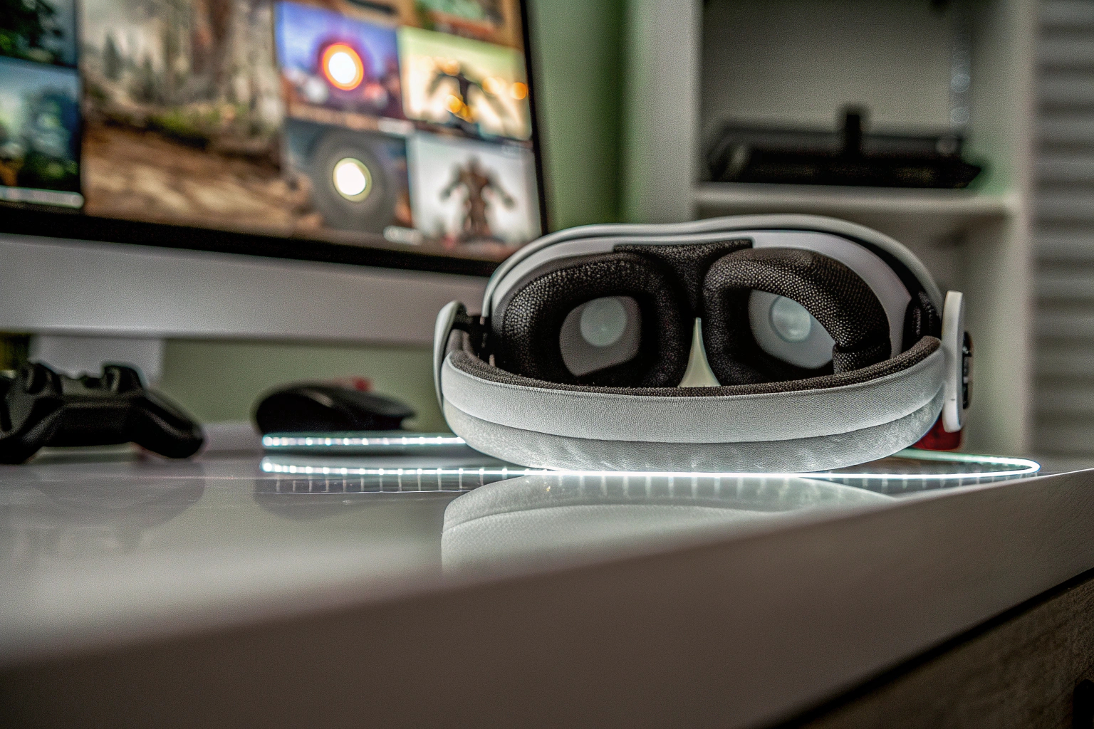 Ein Gamer, der in ein VR-Headset vertieft ist, während er ein Abenteuer-Spiel spielt. Gamer mit VR-Headset