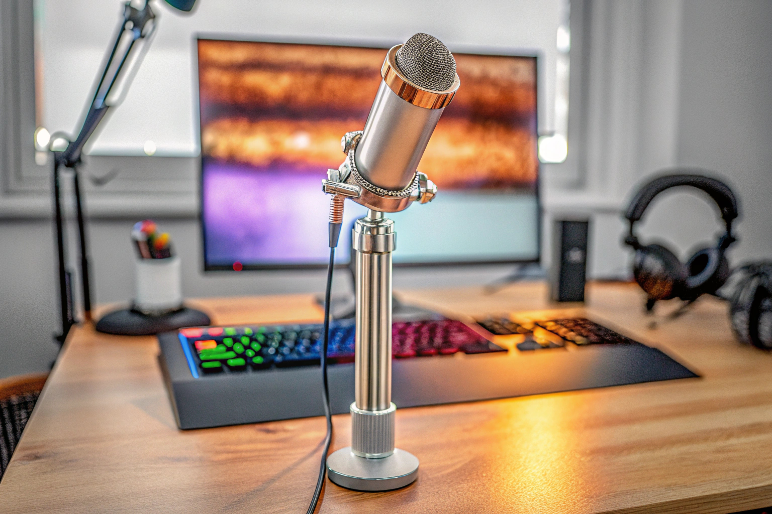 Ein Gamer, der in einem modernen Setup mit LED-Beleuchtung streamt. Gamer Streaming Setup