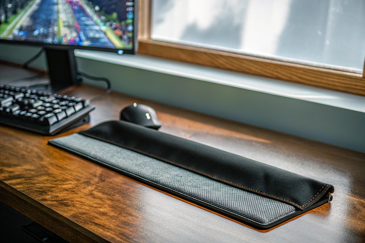 Ein Gamer, der in einem professionellen Setup spielt, während er die OutdoorEssentials Sonnenschutz Armstulpen trägt. Gamer mit OutdoorEssentials Armstulpen