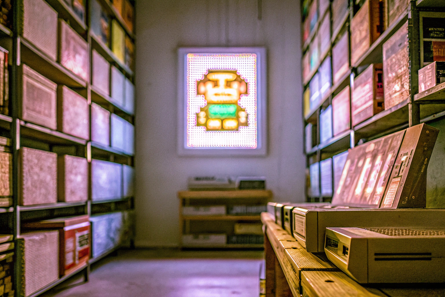 Ein Gamer, der in einem Retro-Spieleladen stöbert. Gamer in Retro-Spieleladen