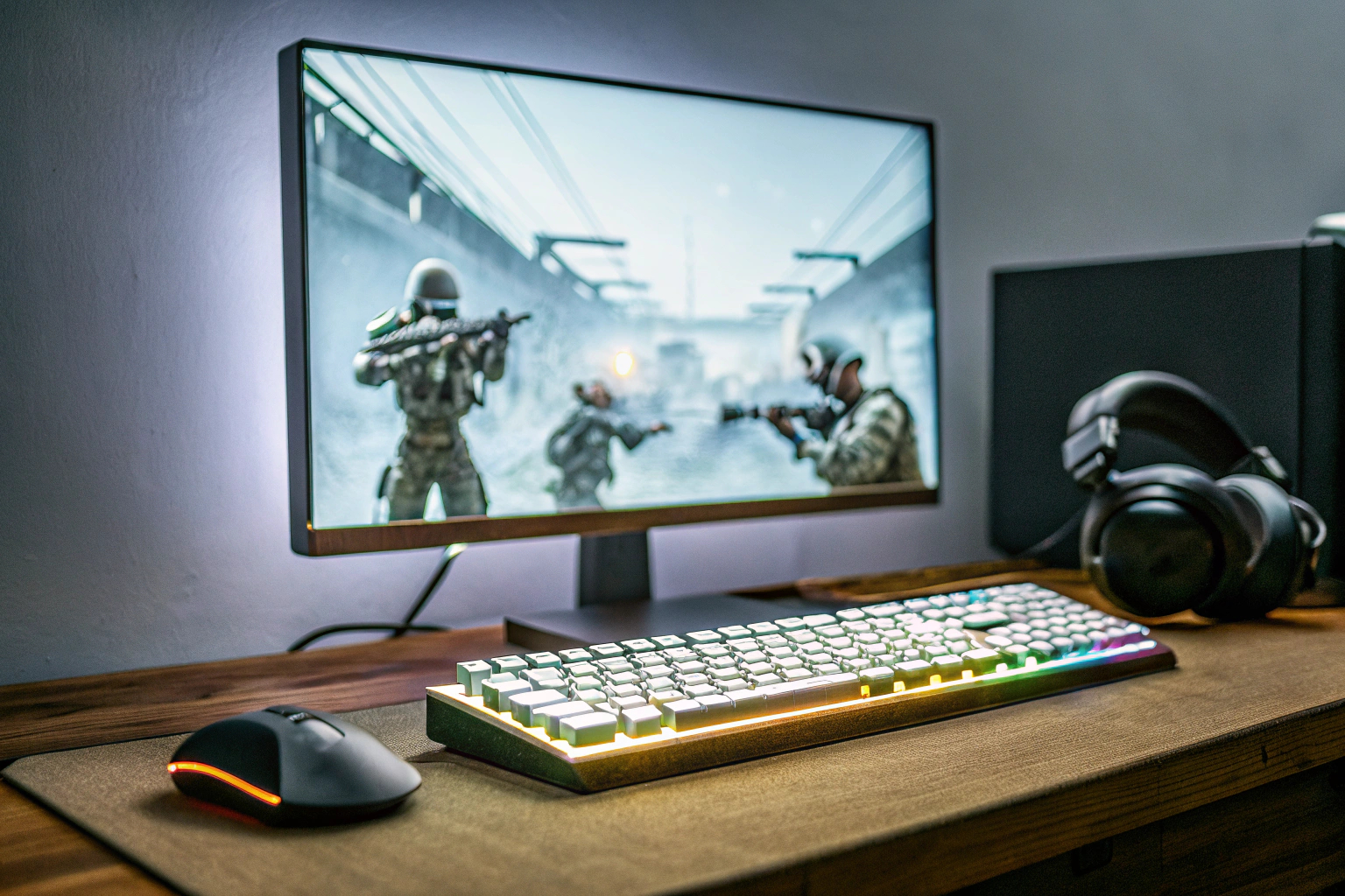 Ein Gamer, der intensiv an einem Computerbildschirm trainiert und seine Fähigkeiten verbessert. Gamer trainiert intensiv