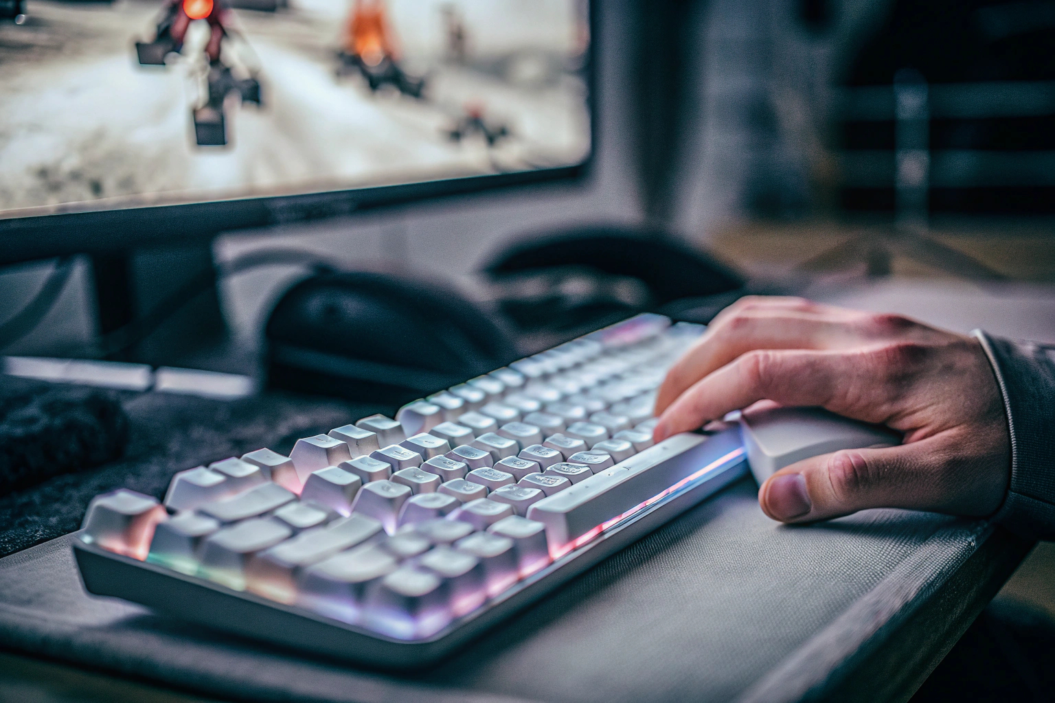 Ein Gamer, der intensiv auf einen Bildschirm schaut, während er ein schnelles Spiel spielt. Gamer beim Spielen eines schnellen Videospiels