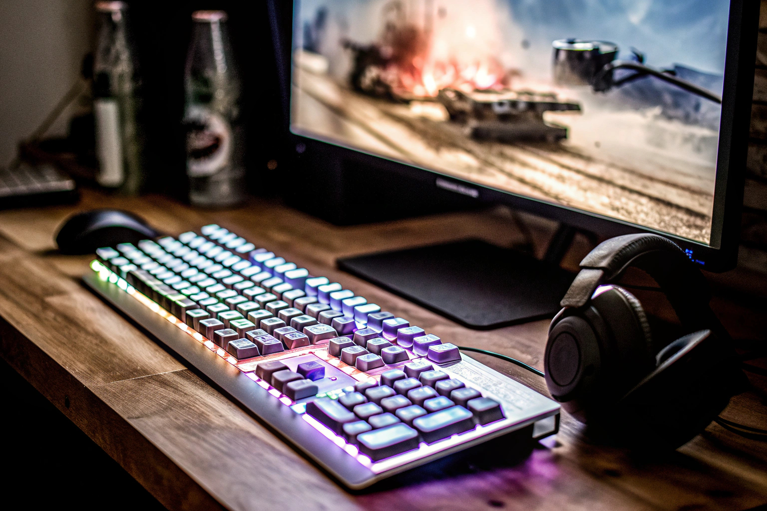 Ein Gamer, der intensiv ein Shooter-Spiel auf dem PC spielt, mit Kopfhörern und einer RGB-Tastatur. Gamer spielt Shooter-Spiel am PC
