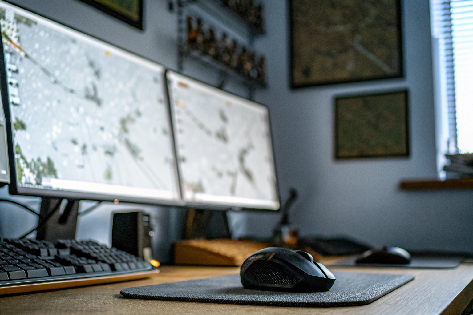 Ein Gamer, der konzentriert an einem Computer sitzt und ein Strategiespiel spielt. Gamer beim Spielen eines Strategiespiels