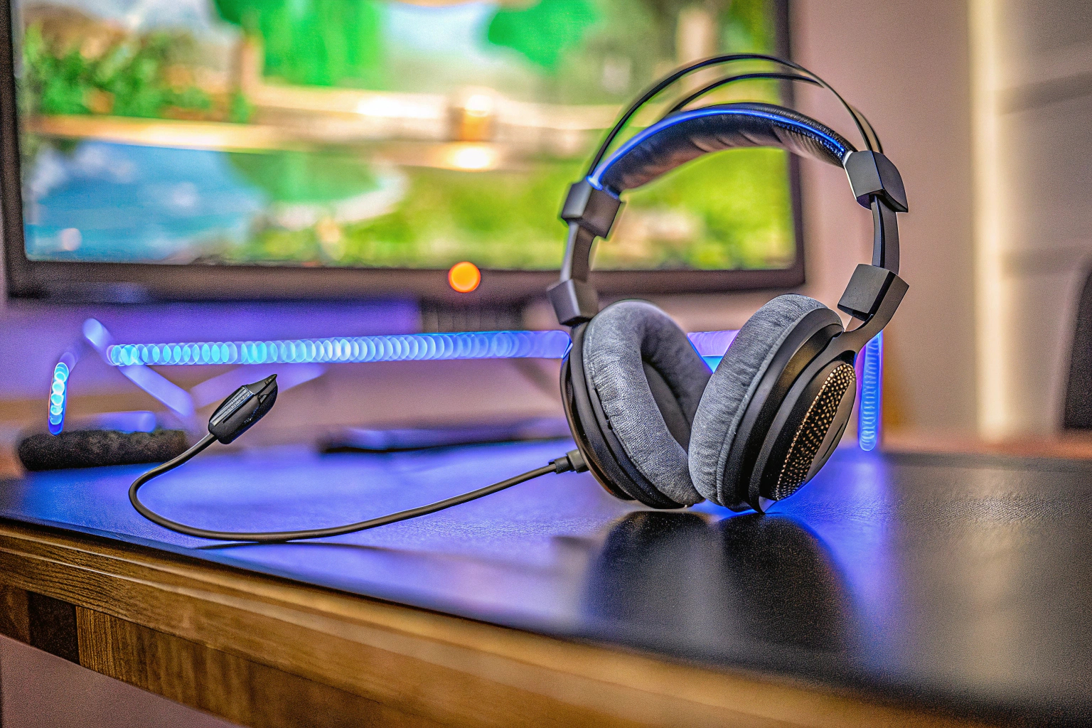 Ein Gamer, der konzentriert auf den Bildschirm schaut, während er ein Headset trägt. Gamer mit Headset