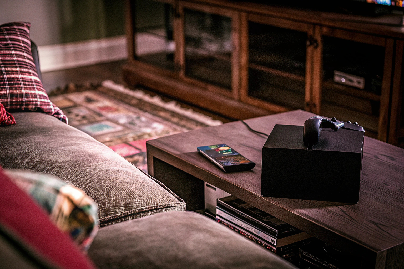 Ein Gamer, der mit einem Controller auf einer Couch sitzt und durch Xbox-Menüs navigiert. Gamer mit Xbox Controller