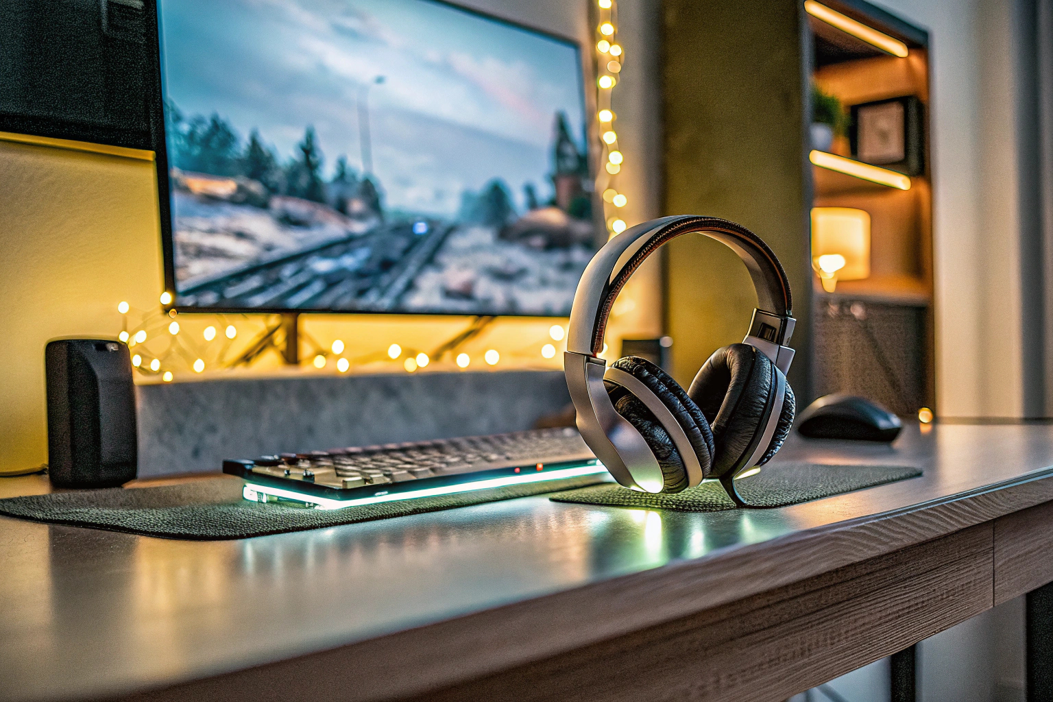Ein Gamer, der mit einem High-End-Gaming-Headset spielt, umgeben von modernem Gaming-Equipment. Gamer mit High-End-Headset
