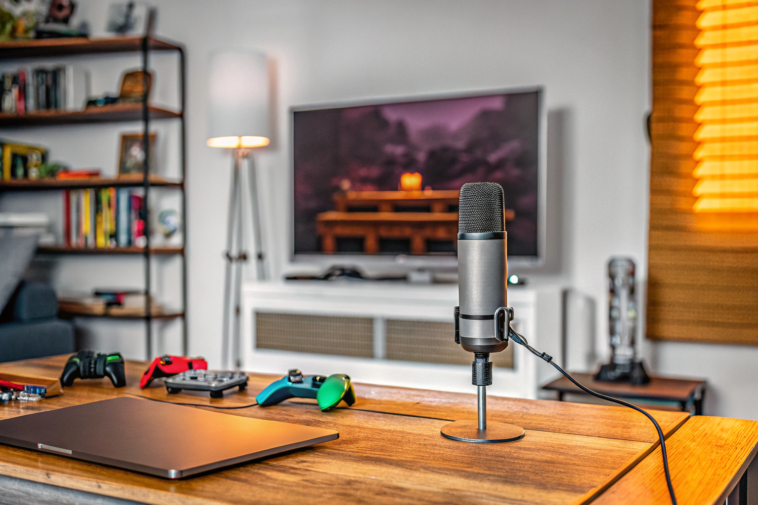 Ein Gamer, der mit einem hochwertigen Mikrofon an einem Schreibtisch sitzt und spielt. Gamer mit Mikrofon
