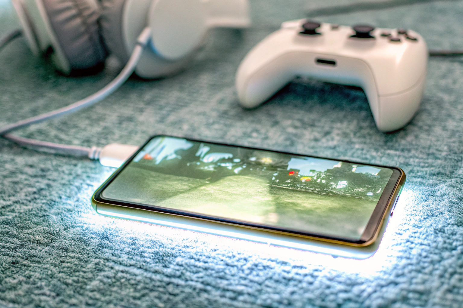 Ein Gamer, der mit einem Joystick auf seinem Smartphone spielt. Joystick für Smartphone-Spiele