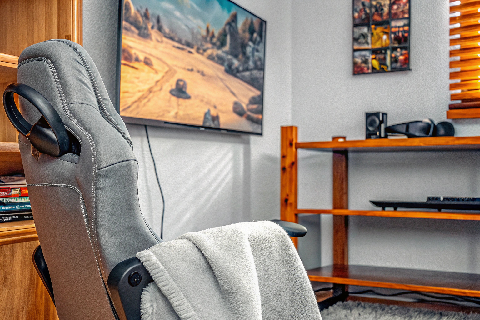Ein Gamer, der mit einem kabellosen Headset in einem gemütlichen und gut beleuchteten Raum spielt. Gamer mit kabellosem Headset in gemütlichem Raum