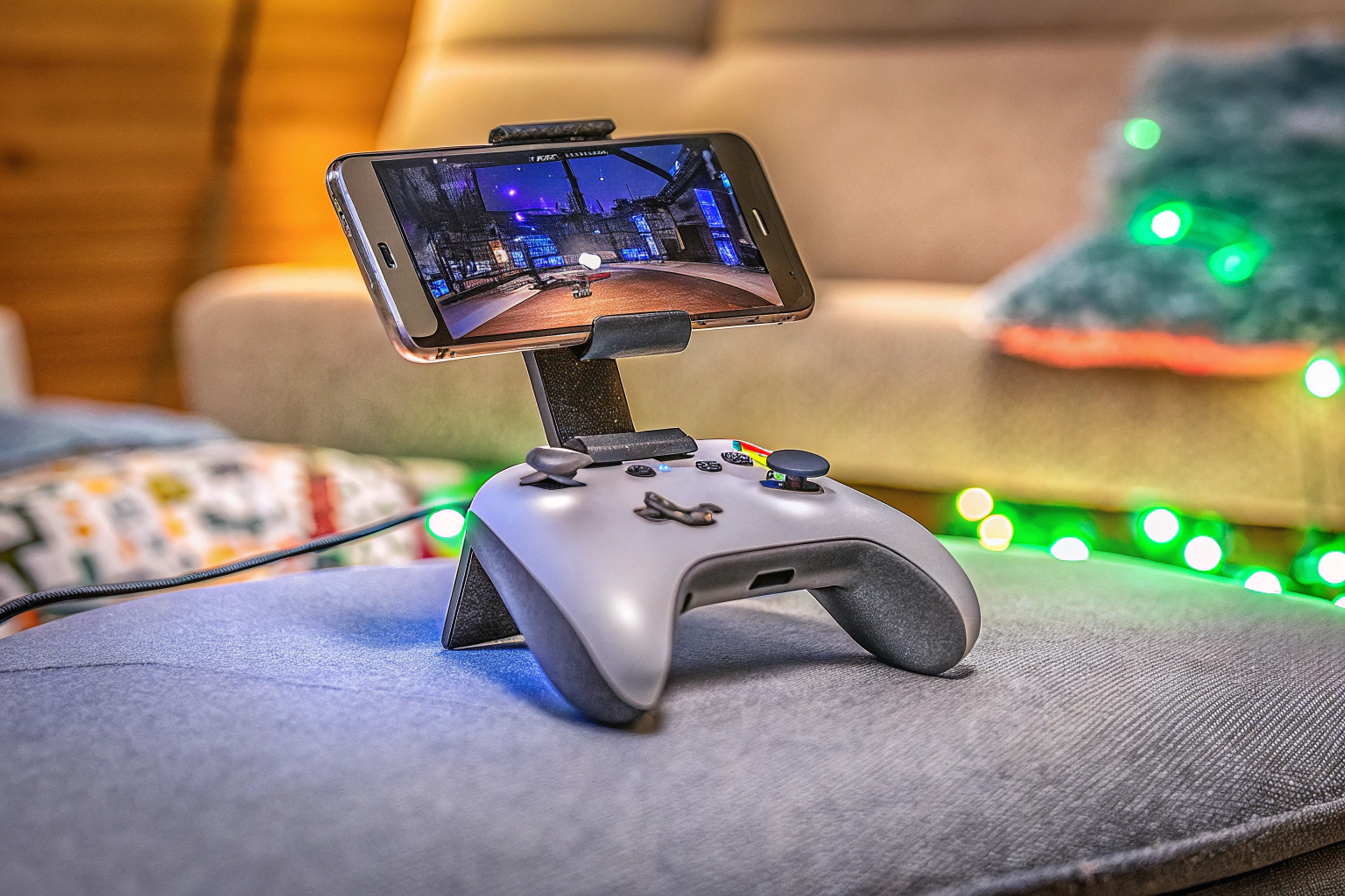 Ein Gamer, der mit einem mobilen Controller auf einem Smartphone spielt. Mobiles Gaming mit Controller