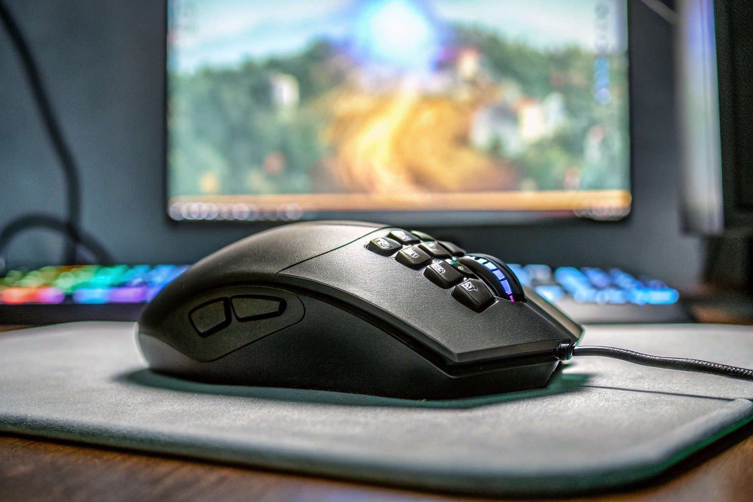 Ein Gamer, der mit einer MMO-Gaming-Maus an einem PC spielt. Gamer mit MMO-Gaming-Maus