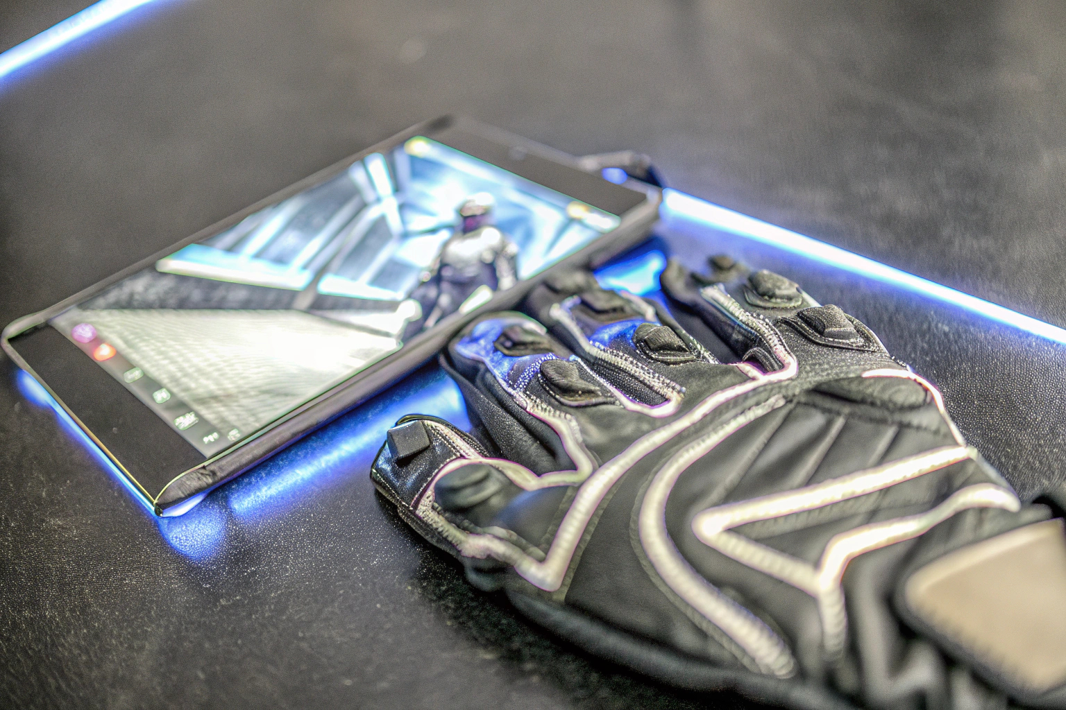 Ein Gamer, der mit Gaming-Handschuhen auf einem mobilen Gerät spielt. Gamer mit Gaming-Handschuhen