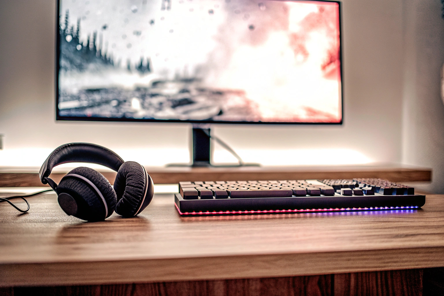 Ein Gamer, der mit kabellosen Kopfhörern und einer RGB-LED-Tastatur spielt, während im Hintergrund eine Playlist abgespielt wird. Gamer mit Kopfhörern und Tastatur