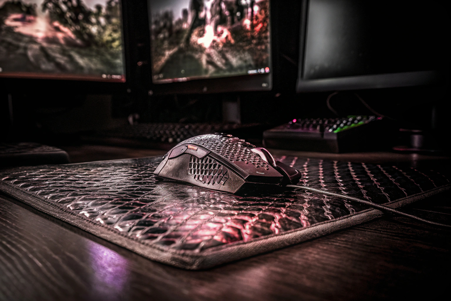 Ein Gamer, der mit seiner Gaming-Maus und einem großen Mauspad in einem MOBA-Spiel spielt. Gamer mit Gaming-Maus und Mauspad