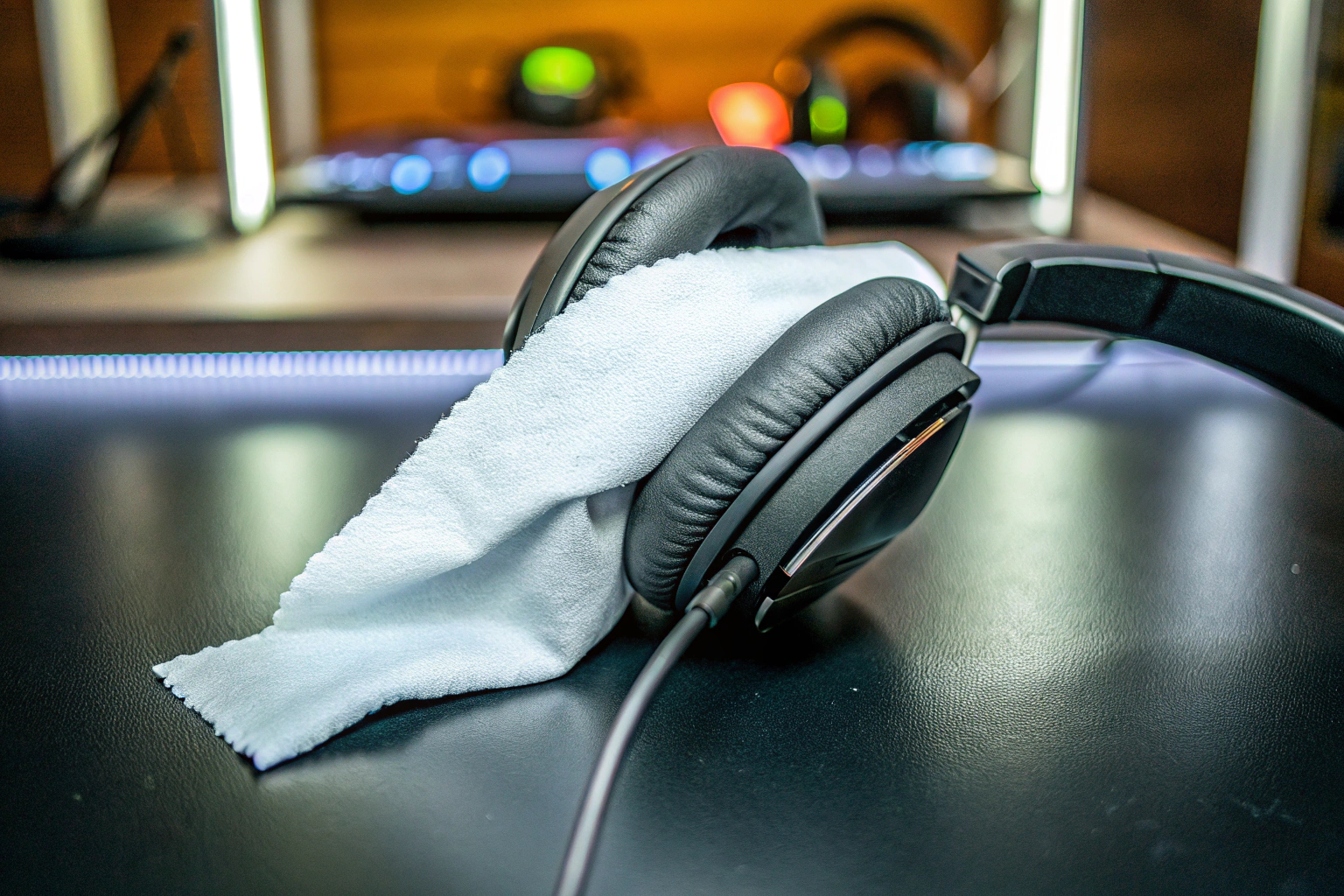 Ein Gamer, der sein Headset pflegt, indem er die Ohrpolster mit einem weichen Tuch reinigt. Pflege eines Gaming-Headsets