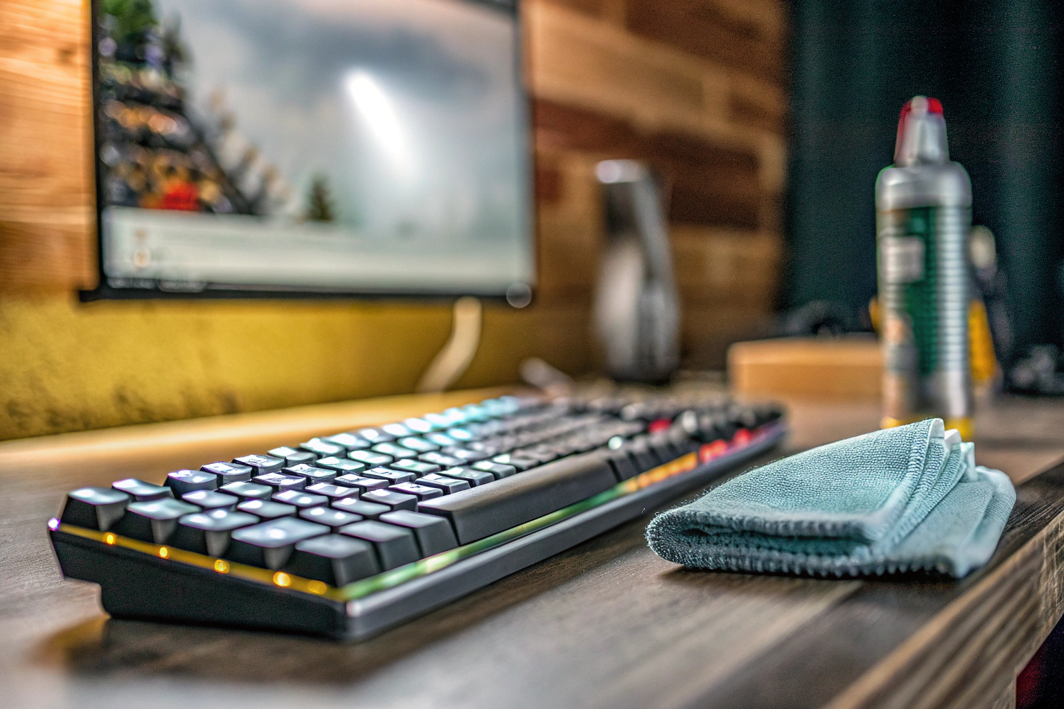 Ein Gamer, der seine Tastatur mit einem Reinigungsset säubert, um die beste Performance zu gewährleisten. Tastatur reinigen