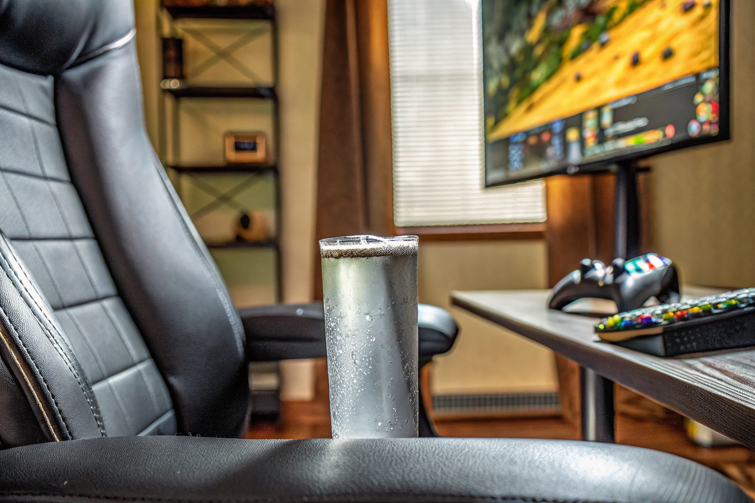 Ein Gamer, der sich nach einer langen Gaming-Session entspannt und einen Performance Drink genießt. Gamer entspannt mit Drink