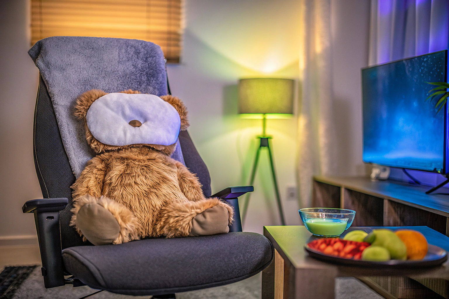 Ein Gamer, der sich nach einer langen Session entspannt und eine Schlafmaske trägt. Gamer entspannt sich mit Schlafmaske