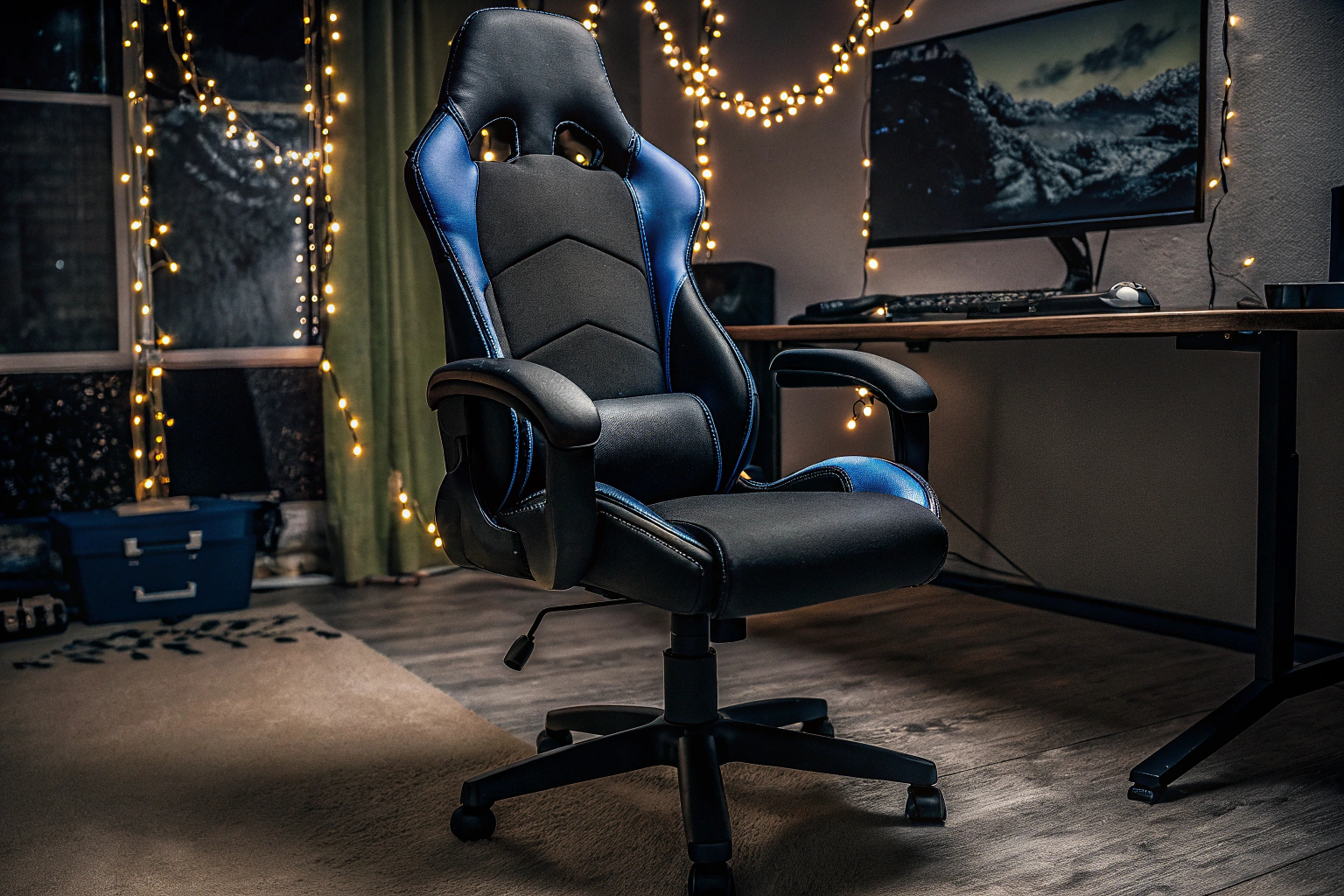 Ein Gamer, der von seinem neuen Gaming-Stuhl begeistert ist und sich in einem komfortablen Setup befindet. Glücklicher Gamer mit Gaming-Stuhl