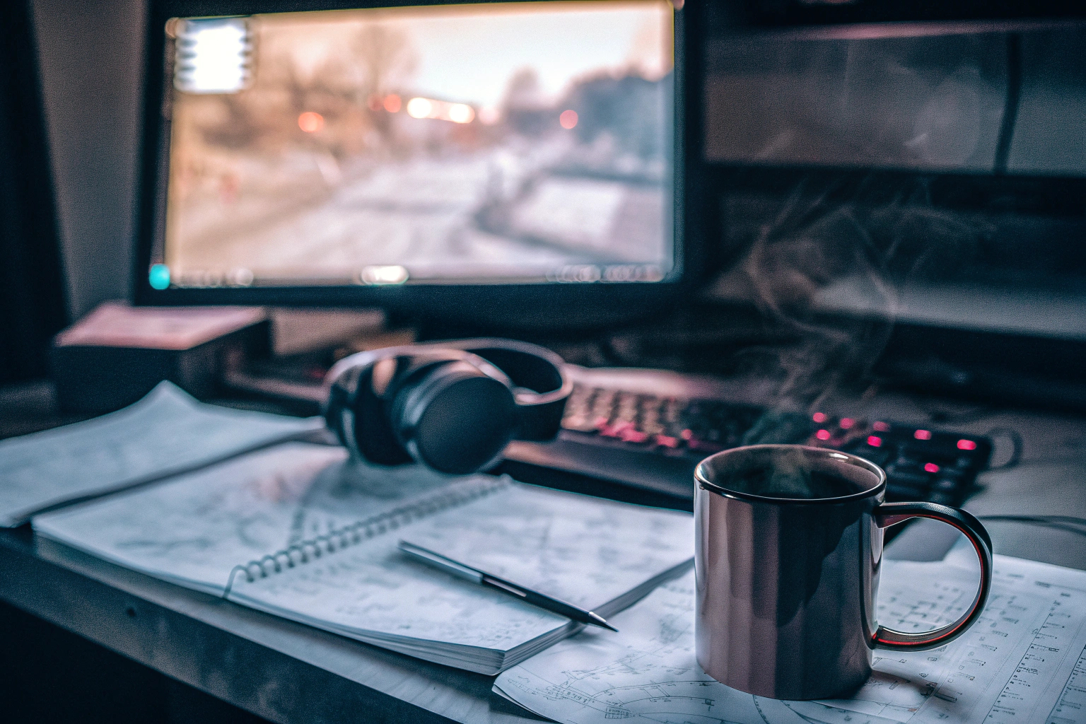 Ein Gamer, der vor einem Computer sitzt und intensiv an einer Spielekritik arbeitet. Gamer schreibt eine Spielekritik
