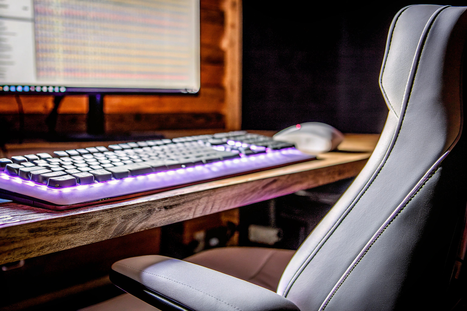 Ein Gamer, der vor einem ergonomisch eingerichteten Gaming-Setup sitzt, mit einer RGB-beleuchteten Tastatur und Maus. Ergonomisches Gaming-Setup