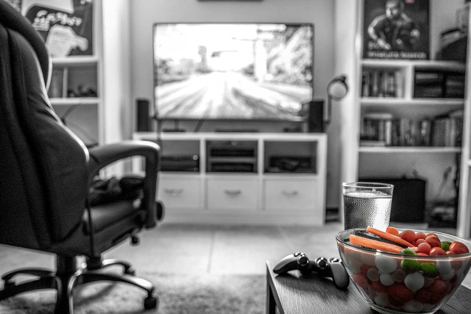 Ein Gamer genießt einen Snack und ein Getränk während einer Spielsession. Gamer genießt Snack während Spielsession