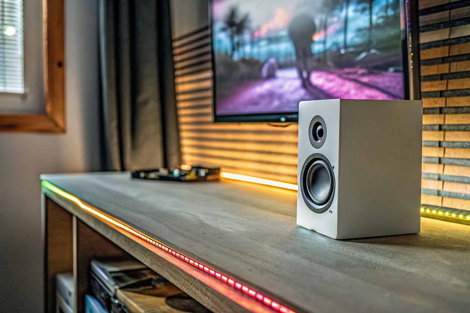 Ein Gamer hört Musik über einen hochwertigen Lautsprecher. Gamer mit Lautsprecher