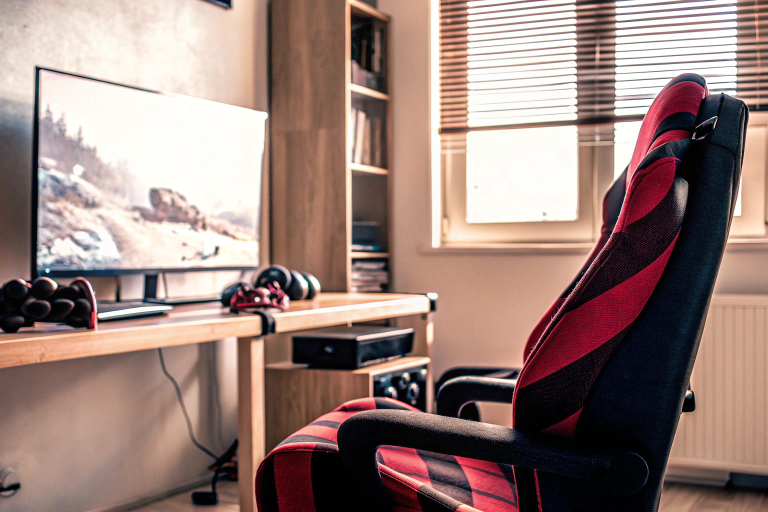 Ein Gamer mit einem Headset und einem Controller in einem gemütlichen Gaming-Raum. Gamer im Gaming-Raum