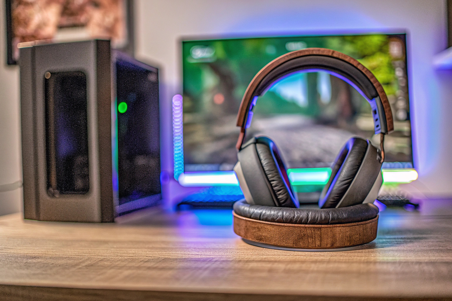 Ein Gamer mit einem hochwertigen Headset, der vor seinem Computer sitzt und konzentriert spielt. Gamer mit Headset