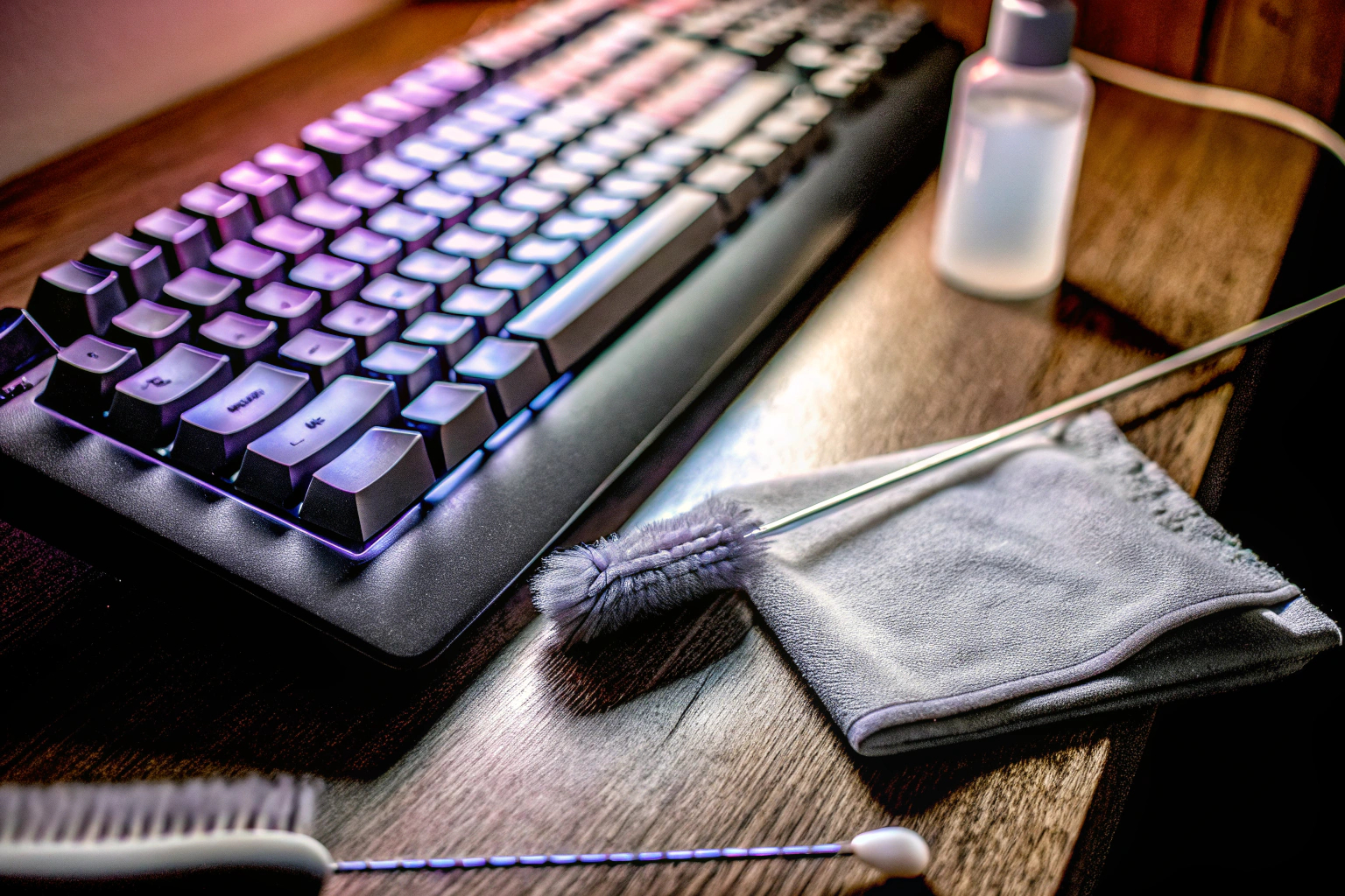 Ein Gamer reinigt seine Tastatur mit einem Reinigungsset. Tastaturreinigung
