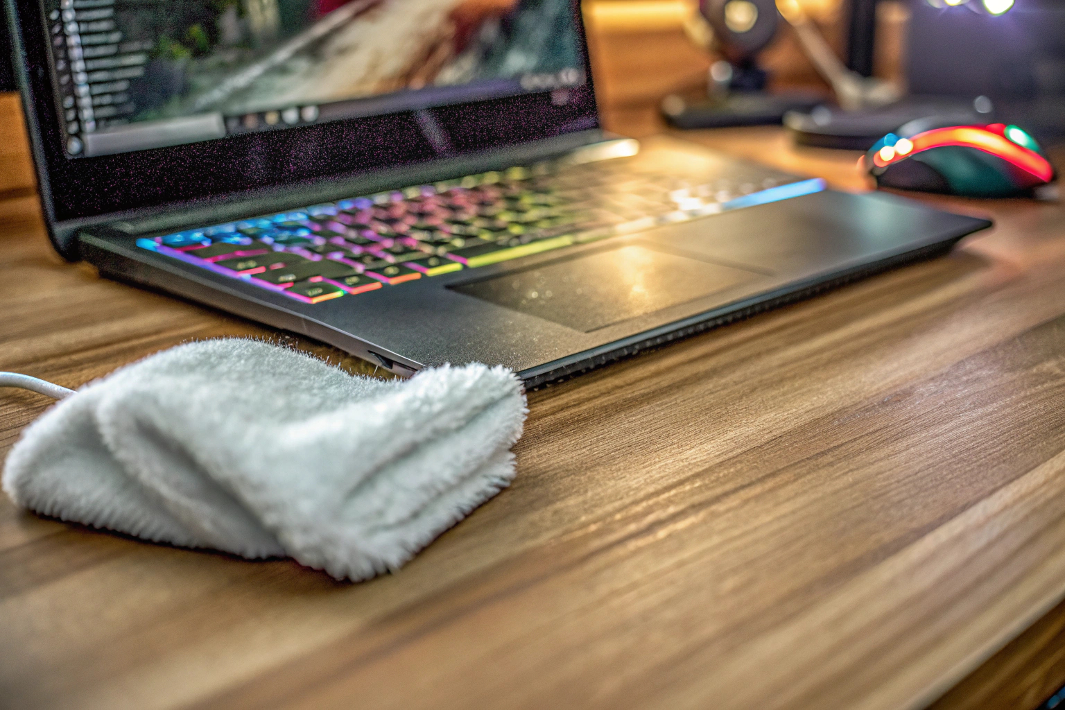 Ein Gamer reinigt seinen Laptop mit einem Mikrofasertuch. Gamer reinigt Laptop mit Mikrofasertuch