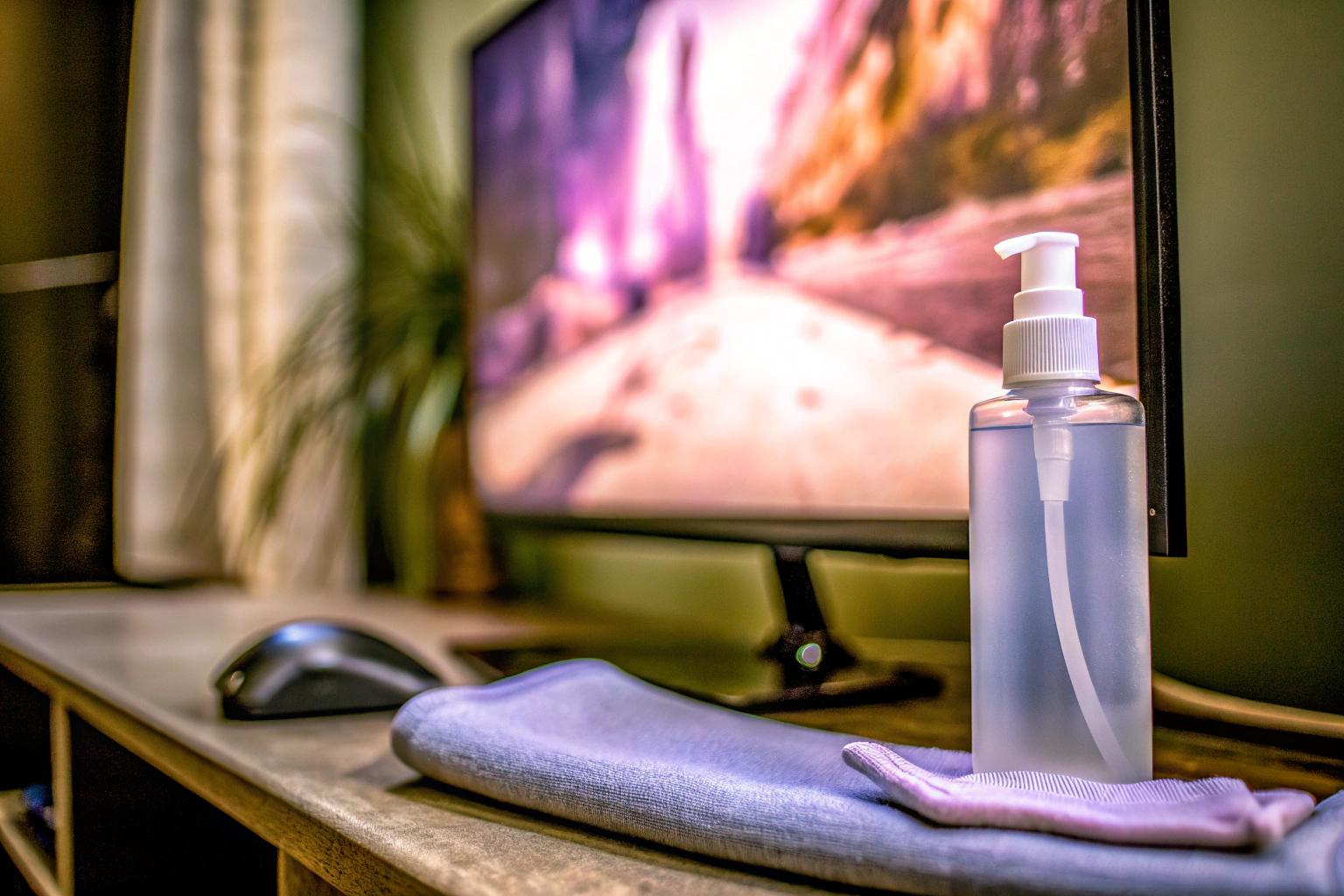 Ein Gamer reinigt seinen Monitor mit einem speziellen Screen Cleaner. Monitor Reinigung