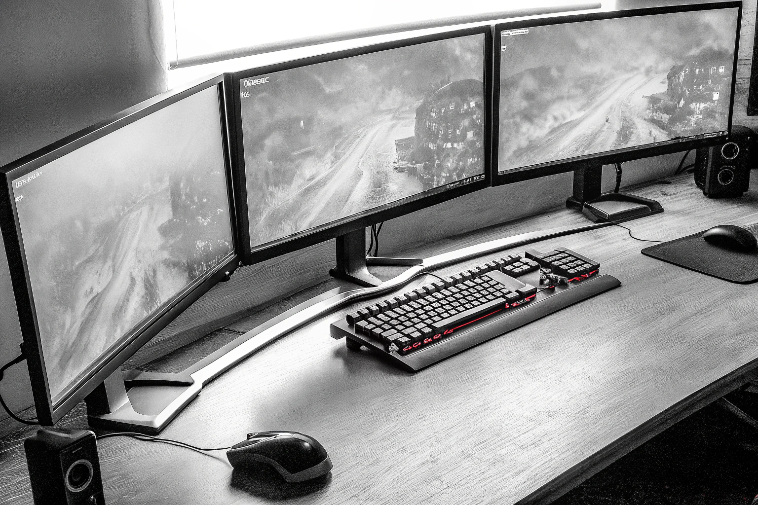 Ein Gamer-Setup mit einem leistungsstarken PC und mehreren Monitoren. PC Gaming Setup